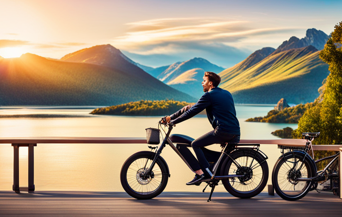 An image capturing a person test-riding an electric bike, grinning with delight as they effortlessly zoom past scenic landscapes, showcasing the bike's sleek design, powerful motor, and eco-friendly features