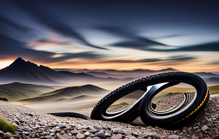 An image showcasing a close-up of a mountain bike tire rolling over loose gravel