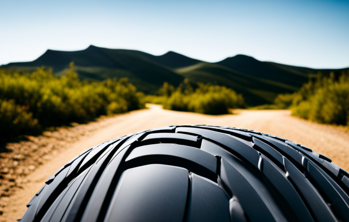 An image showcasing a close-up of a bike tire rolling effortlessly over a rough, gravel road