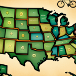 An image showcasing a colorful map of the United States, highlighting states with distinct bicycle symbols and varying shades of green to represent the different requirements for bicycle licenses across the country