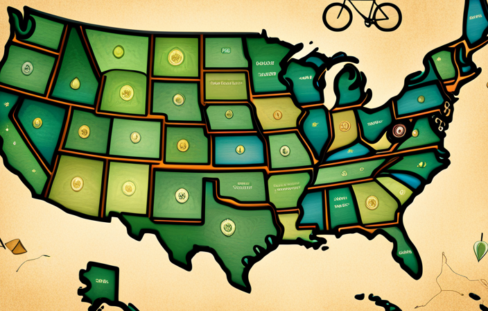 An image showcasing a colorful map of the United States, highlighting states with distinct bicycle symbols and varying shades of green to represent the different requirements for bicycle licenses across the country