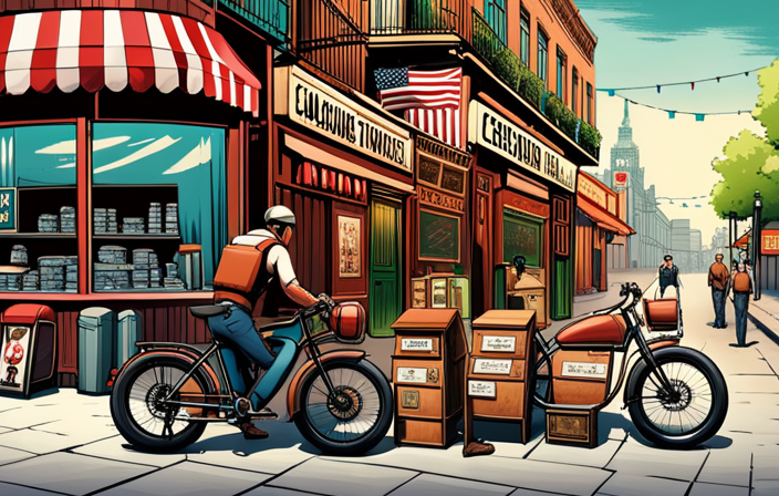 An image depicting a Canadian electric bike being imported to the US, showcasing a customs officer inspecting the bike, a currency exchange booth with US and Canadian flags, and a price tag reflecting the additional taxes imposed on the bike