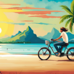 An image showcasing an electric bike speedily cruising along a sun-drenched coastal road, with the rider donning a smile and a light t-shirt, surrounded by flourishing palm trees, indicating the blissful temperature