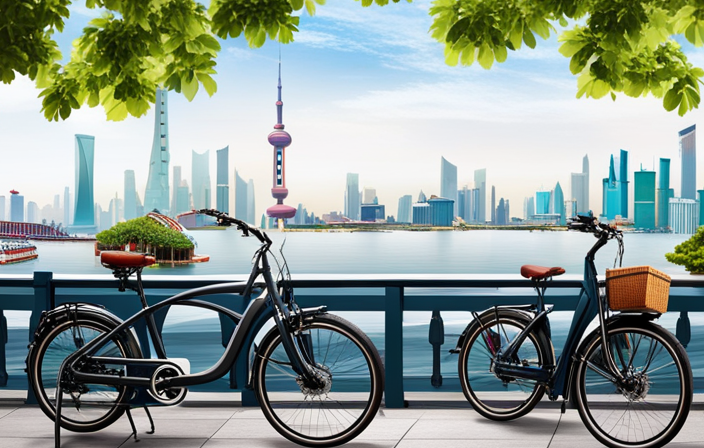 An image showcasing the bustling streets of Shanghai, with a sleek electric bike zipping through the vibrant cityscape