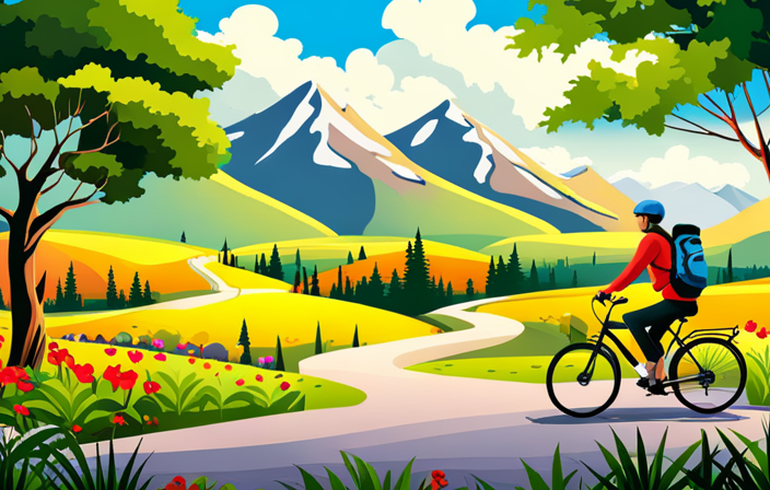 An image showcasing a picturesque countryside landscape with a cyclist effortlessly gliding on an electric bike along a winding road, surrounded by lush greenery and distant mountains, symbolizing the limitless range of the best electric bikes