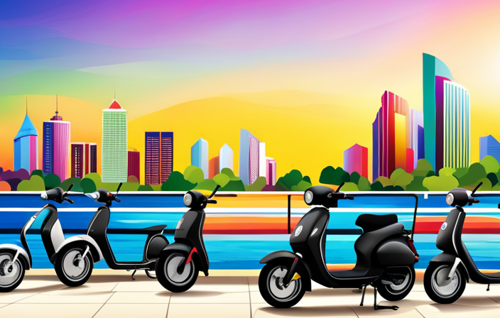 An image showcasing a diverse range of sleek, electric scooter bikes lined up against a vibrant city backdrop