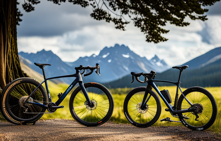 An image showcasing a gravel bike's essentials: a compact multitool, spare tube, mini pump, hydration pack, energy gels, GPS device, tubeless repair kit, first aid kit, lightweight rain jacket, and a protein bar