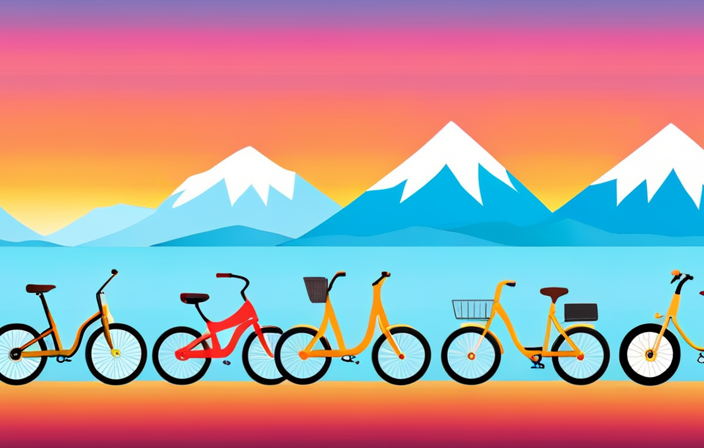 An image showcasing a diverse range of electric bikes lined up against a vibrant backdrop