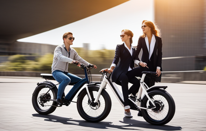 An image showcasing a diverse range of electric bikes, each displaying unique features such as powerful motors, long-lasting batteries, efficient brakes, adjustable suspension, sleek designs, and comfortable seating