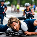-up shot of a concerned cyclist in Florida, cradling their injured arm while looking at their damaged electric bike lying on the ground