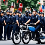 An image that depicts a person on an electric bike, surrounded by police officers