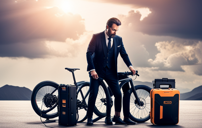 An image showcasing a frustrated cyclist standing beside their electric bike with a drained battery, surrounded by a toolbox, a charger, and a pile of replacement batteries - symbolizing the troubleshooting process when electric bike batteries fail