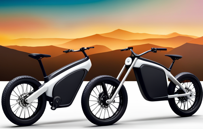 An image showcasing a sleek, modern electric bike against a backdrop of scenic hills, highlighting its powerful motor, long-lasting battery, sturdy frame, ergonomic design, and advanced LCD display