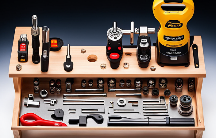 An image showcasing a workbench with a set of precise tools: a torque wrench, a set of Allen wrenches, a chain breaker, a crank puller, a pedal wrench, wire cutters, a soldering iron, and a multimeter