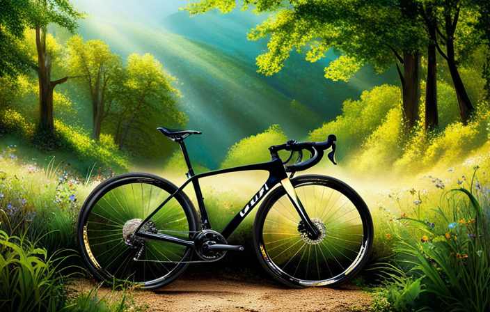 An image showcasing a Trek road bike gracefully maneuvering through a rugged gravel trail, with dust particles suspended in the air, vibrant green shrubs lining the path, and sunlight casting a warm glow on the bike's frame