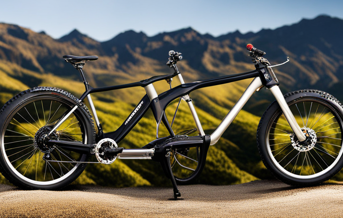 An image showcasing a rugged, all-terrain bicycle with thick, knobby tires, a sturdy frame, and a front suspension fork