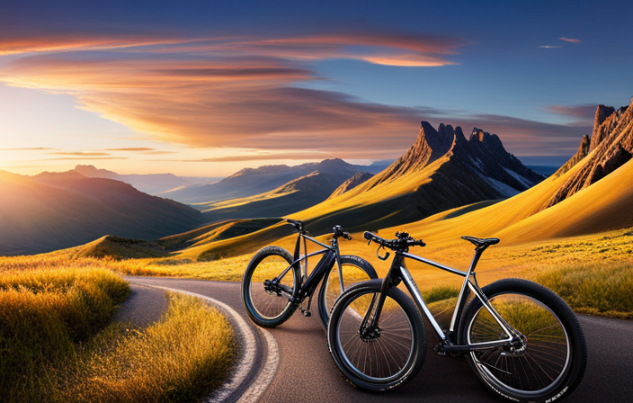 An image featuring a rugged gravel road winding through picturesque hills, with a mountain bike and a road bike side by side