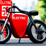 An image depicting a close-up of an electric bike with a license plate attached, parked next to a traffic sign displaying "Electric Bikes Require License