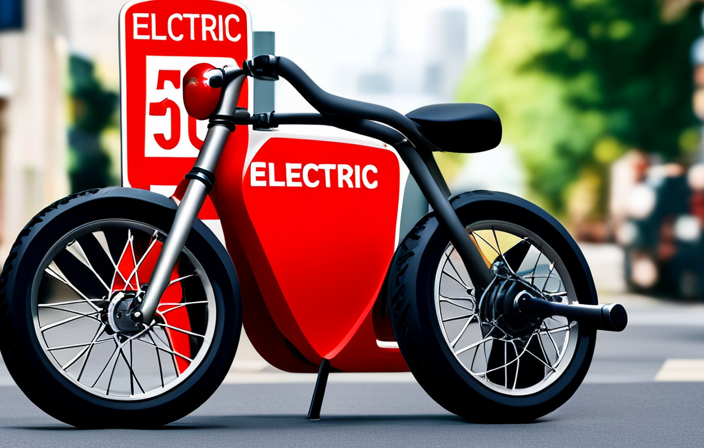 An image depicting a close-up of an electric bike with a license plate attached, parked next to a traffic sign displaying "Electric Bikes Require License