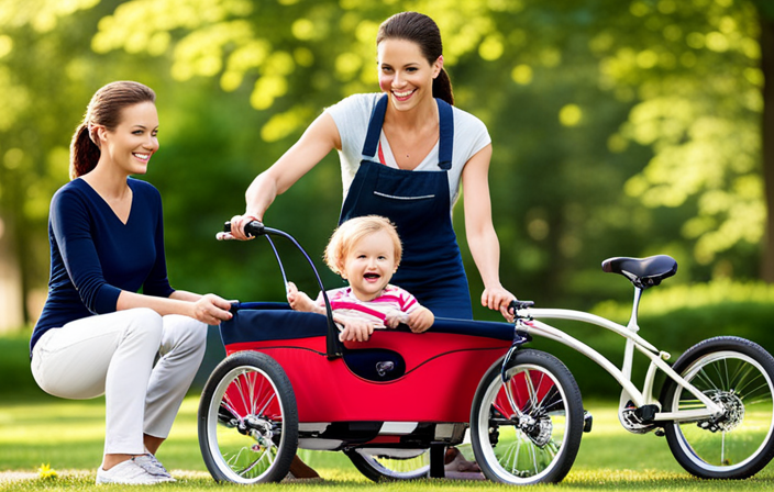 An image showcasing a sunny day at a picturesque park, with a contented parent pedaling a bike, while a secure and comfortable bike trailer, equipped with safety features, safely carries a smiling baby