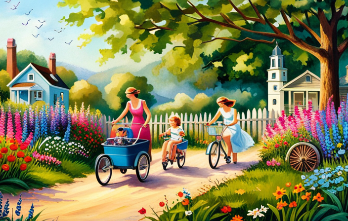 An image featuring a sunny, tree-lined bike trail with a parent confidently pedaling a bike trailer while a smiling baby, securely strapped in, enjoys the ride, surrounded by vibrant flowers and playful butterflies