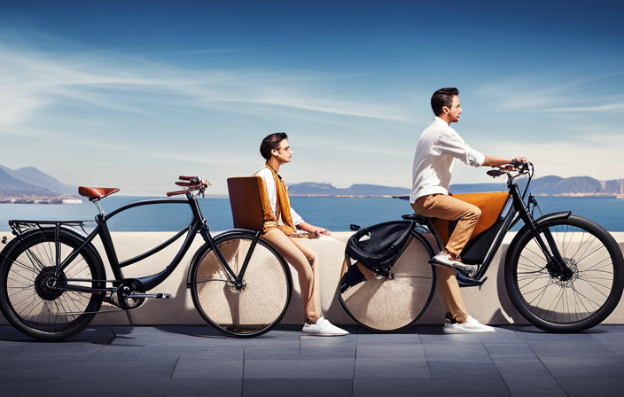 An image showcasing the evolution of electric bikes, starting with a vintage bicycle morphing into a sleek modern e-bike