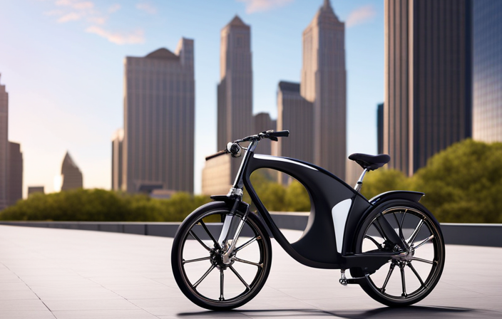 An image showcasing a sleek, stylish electric bike effortlessly gliding through a city street at dusk