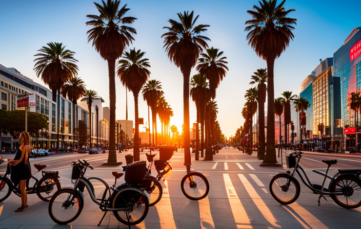 An image featuring a bustling street in Los Angeles, with iconic palm trees lining the sidewalks