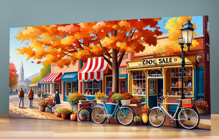 An image showcasing a serene autumn setting with vibrant foliage, a bicycle shop adorned with "end of season sale" banners, and cyclists happily browsing for discounted bikes