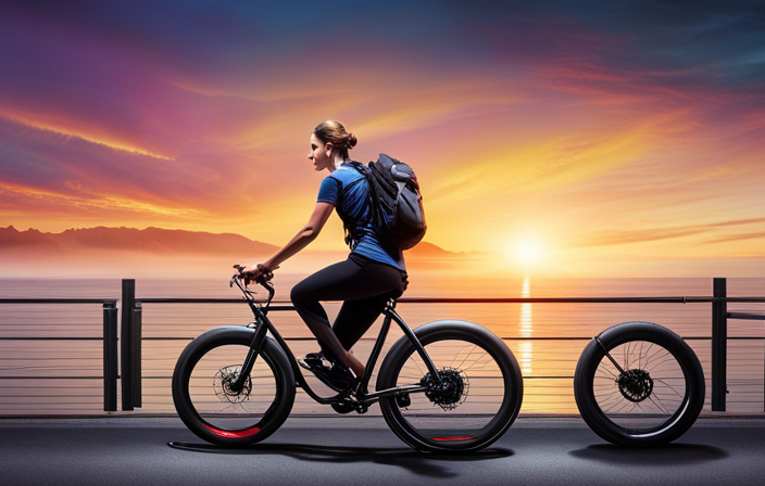 An image that showcases a cyclist effortlessly pedaling uphill on an electric bike, with colorful sparks emanating from the pedals and directly charging the battery
