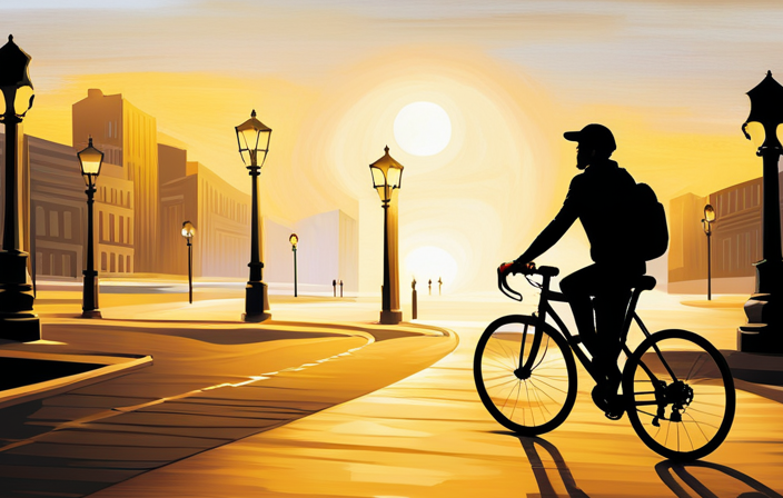 An image capturing the ethereal glow of a lone cyclist navigating a city street at night, their silhouette illuminated by the warm, golden hue of streetlights, casting elongated shadows that dance in rhythm with their pedaling