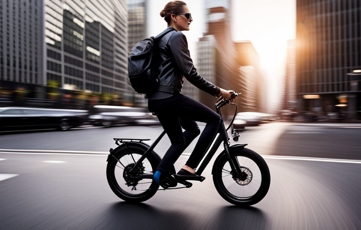 An image showcasing a sunlit urban landscape, with a rider confidently cruising on their Arrow Electric Bike at dusk
