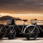 An image showcasing the historical evolution of electric bikes: depict a black-and-white photo of a 19th-century bicycle with a mounted battery pack, juxtaposed with a modern, sleek electric bike, highlighting the technological advancements over time