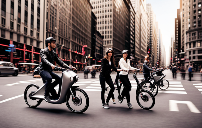 An image capturing the historical moment of the first publicly available electric bike: a sleek, silver bicycle with a futuristic design, parked in a bustling city street, surrounded by curious onlookers and fascinated cyclists