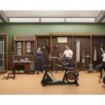 An image featuring a vintage exercise room filled with Victorian-era gym equipment, a group of people wearing period clothing, and a prototype of the first electric exercise bike prominently displayed in the center