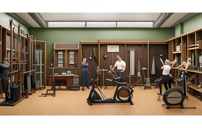 An image featuring a vintage exercise room filled with Victorian-era gym equipment, a group of people wearing period clothing, and a prototype of the first electric exercise bike prominently displayed in the center