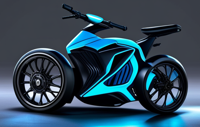 An image that captures the anticipation of the stormy electric bike release: a dimly lit room, with a silhouette of a sleek, futuristic bike in the center, bathed in a dramatic blue electric glow
