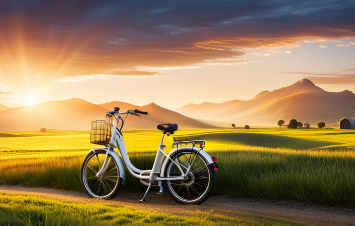 An image showcasing a serene countryside landscape, with an electric bike parked near a charging station