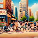 An image showcasing a bustling urban street with a variety of bike shops, each displaying sleek and modern 2wd electric bikes in their windows