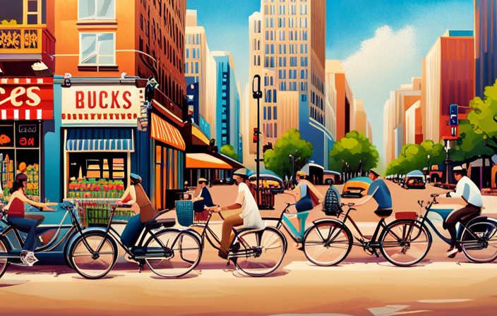 An image showcasing a bustling urban street with a variety of bike shops, each displaying sleek and modern 2wd electric bikes in their windows