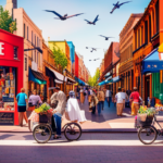 An image showcasing a bustling urban street, lined with colorful storefronts displaying an array of 3 wheel electric bikes