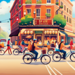 An image showcasing a bustling city street, adorned with vibrant storefronts, each displaying an array of sleek electric bikes