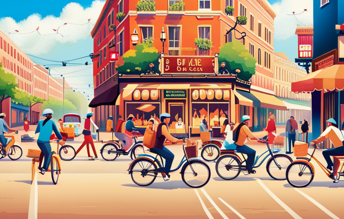 An image showcasing a bustling city street, adorned with vibrant storefronts, each displaying an array of sleek electric bikes