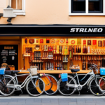 An image showcasing a bustling city street with multiple bicycle shops adorned with vibrant signs and displays