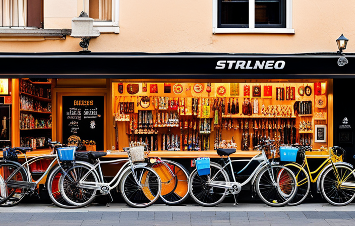 An image showcasing a bustling city street with multiple bicycle shops adorned with vibrant signs and displays