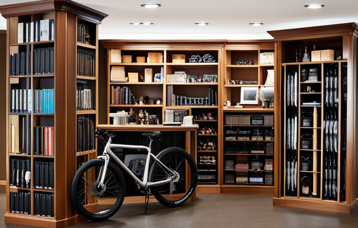 An image that showcases a vibrant bicycle shop, filled with shelves neatly stacked with a wide variety of lithium batteries designed specifically for electric bikes
