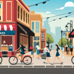 An image showcasing a bustling urban street with a row of trendy bike shops