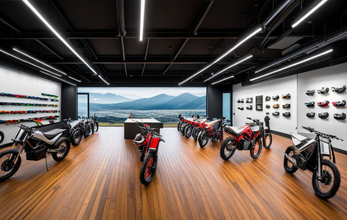 An image showcasing a bustling motorcycle dealership with a diverse range of Sur Ron electric dirt bikes neatly arranged on display
