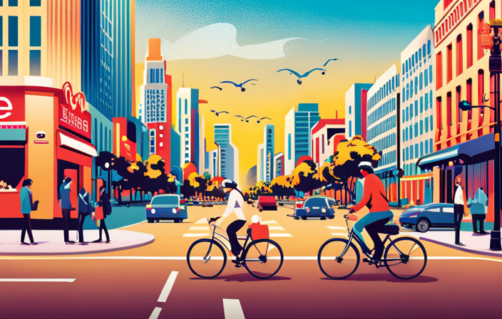 An image showcasing a bustling street in Los Angeles, adorned with vibrant electric bike shops featuring eye-catching displays