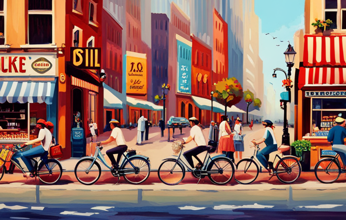 An image showcasing a bustling street in Nova, adorned with vibrant bike shops